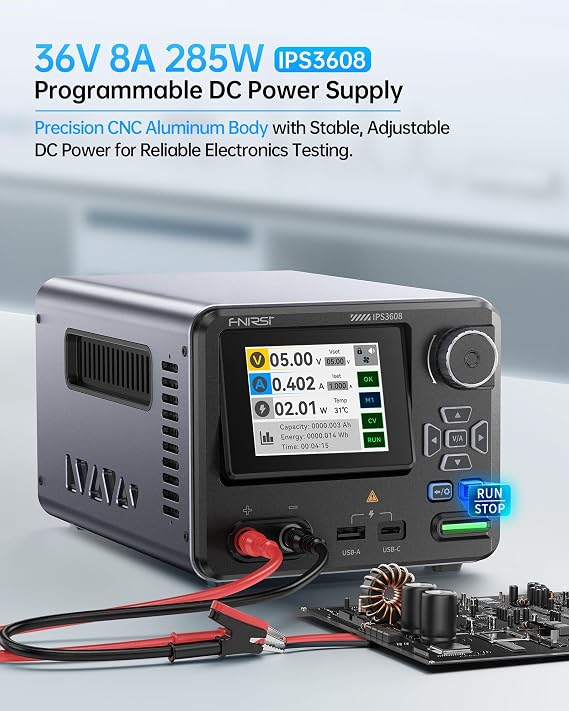FNIRSI IPS3608 DC Power Supply Variable, 36V 8A Bench Power Supply with <10mV Low Ripple, Aluminum Shell, USB-A&Type-C Port, Day/Night Dual UI, 4-Digit IPS Display, PC Programmable, 6 Preset Data