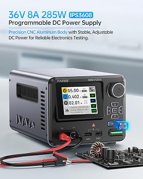 FNIRSI IPS3608 DC Power Supply Variable, 36V 8A Bench Power Supply with <10mV Low Ripple, Aluminum Shell, USB-A&Type-C Port, Day/Night Dual UI, 4-Digit IPS Display, PC Programmable, 6 Preset Data