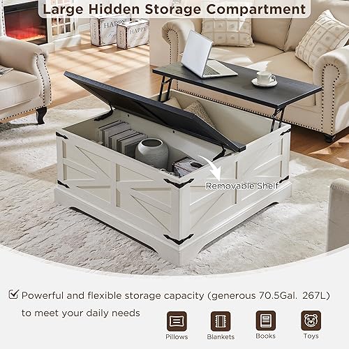 Miniatura 4 de JXQTLINGMU Mesa de centro con parte superior elevable de granja con almacenamiento, mesa central cuadrada de madera de 36 pulgadas con gran