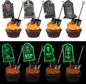 48 PCS Halloween Cupcake Toppers Tombstones Cake Decorations with Mini Shovel Spoons for Halloween Boo Theme Birthday Party Cake Decorations Supplies