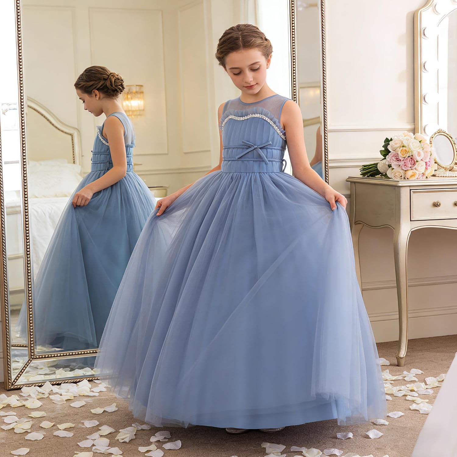 Flower Girls Tulle Wedding Dress A Line Long Formal Pageant Princess Birthday Party Ball Gown Bridesmaid Dresses