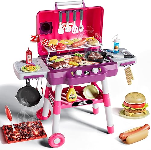 Miniatura 10 de Juguetes de cocina para niños, juego de parrilla BBQ para niños, juguete de barbacoa de 2 niveles con ruedas, sonido de humo y luz, juego de