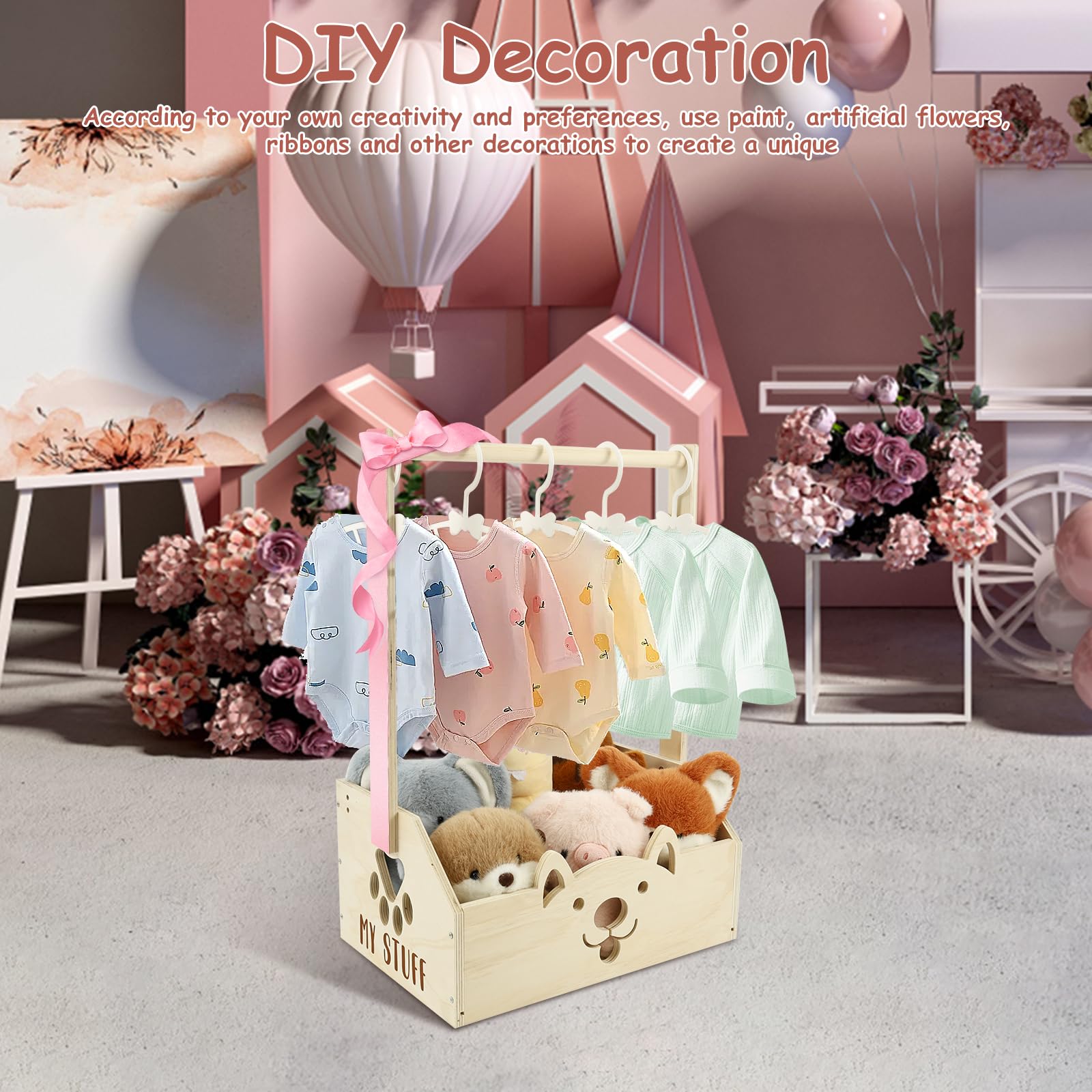 Panier en bois pour bébé avec poignée et 5 cintres pour enfants - Armoire de rangement polyvalente pour bébé - Panier de rangement pour nouveau-né - Pour anniversaire, fête prénatale, Noël, nouveaux