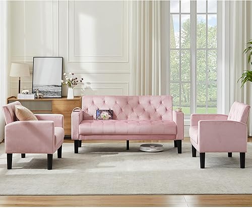 Miniatura 9 de TYBOATLE Mid-Century - Juego de sofá biplaza de terciopelo rosa copetudo con 2 USB y 2 portavasos, juego de muebles de sala de estar, sofás pequeños
