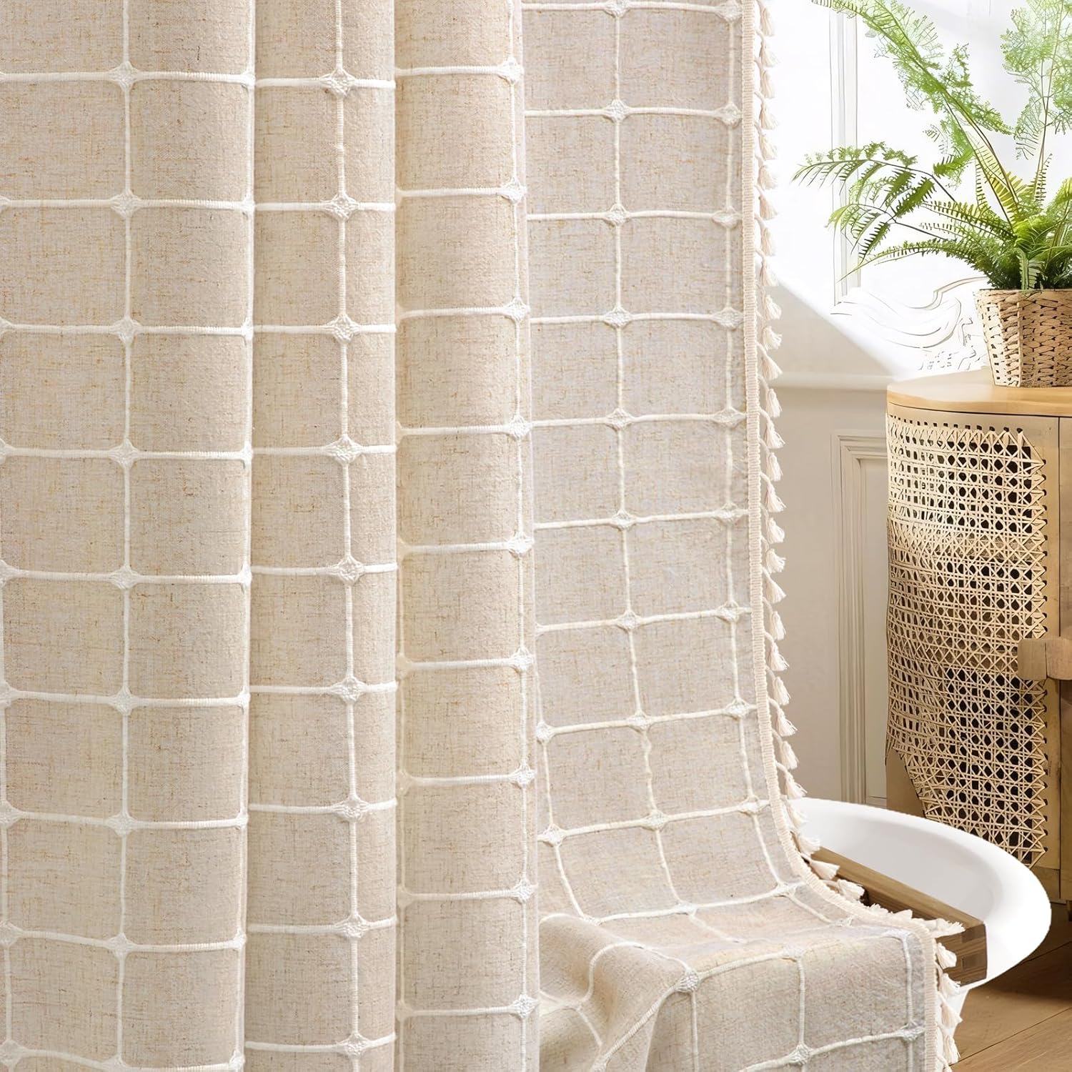 Black and White Shower Curtain Boho Linen Fabric Extra Long with Embroidered Plaid Pattern and Tassels for Bathroom,72" W×84" L