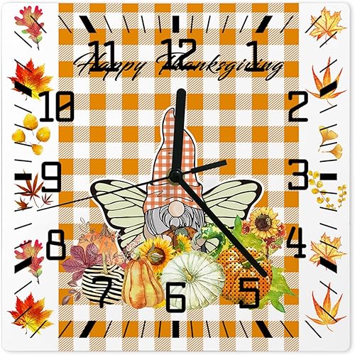 Happy Thanksgiving Wooden Wall Clock Silent Non Ticking, Fall Gnomes Harvest Autumn Orange Plaid Square Wall Clock Battery Operated, Decor Clock for