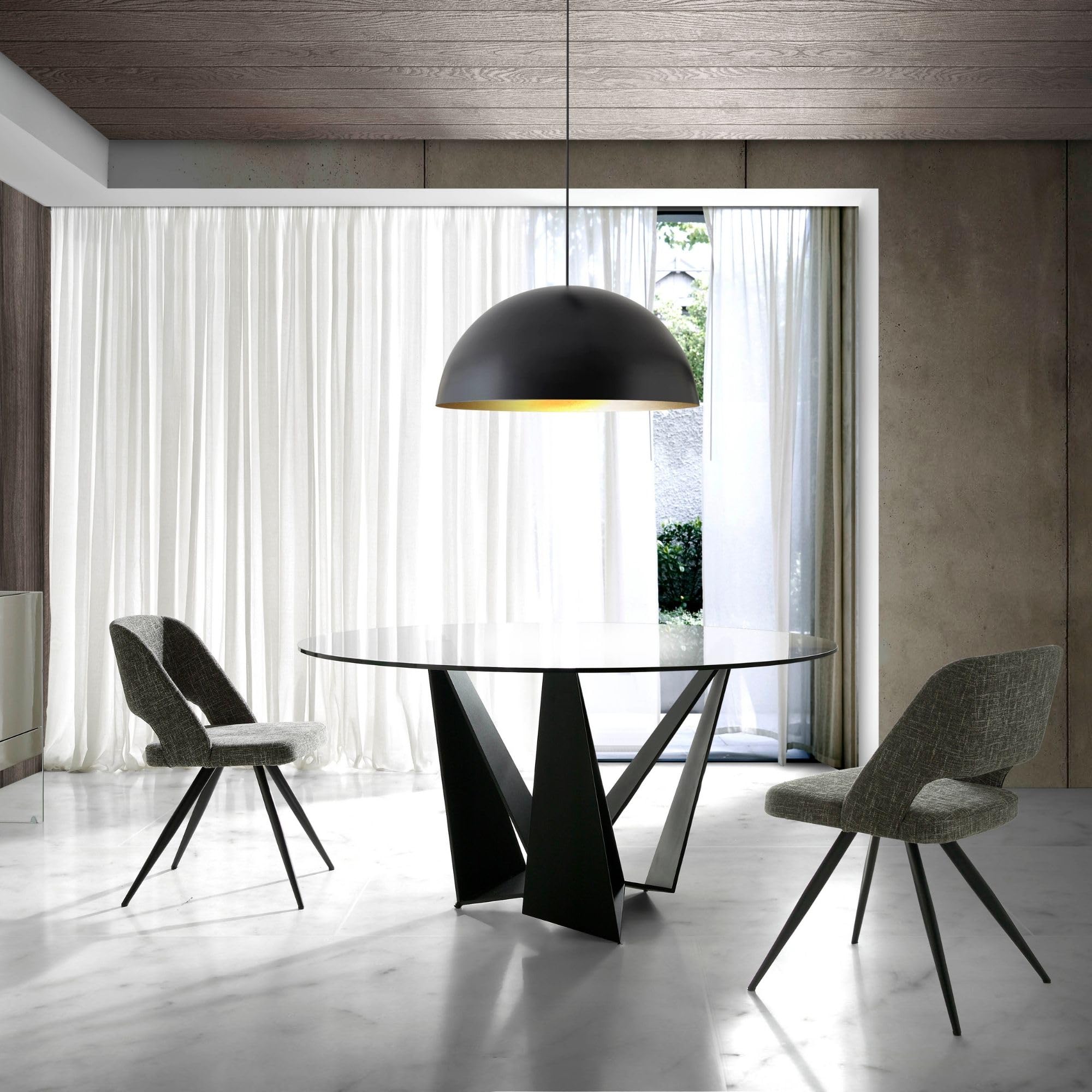 Mesa de Comedor Redonda Ángel Cerdá 1045 de Cristal Templado Transparente y Patas de Acero Color Negro, Ø 150 x 75 cm