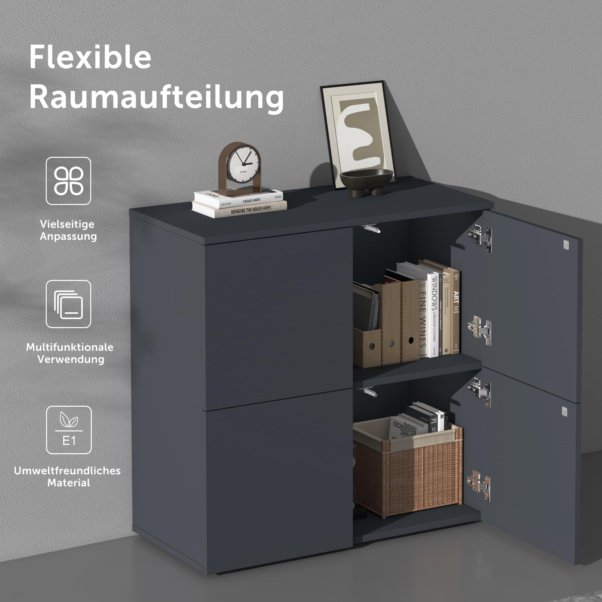 doporro Mobile Organizzatore Credenza Buffet in Legno con 4 Ante Push-to-Open e Soft-Close per Soggiorno, Sala da Pranzo o Ingresso, 76x36,4x76 cm Marrone chiaro e Bianco opaco Schrank04