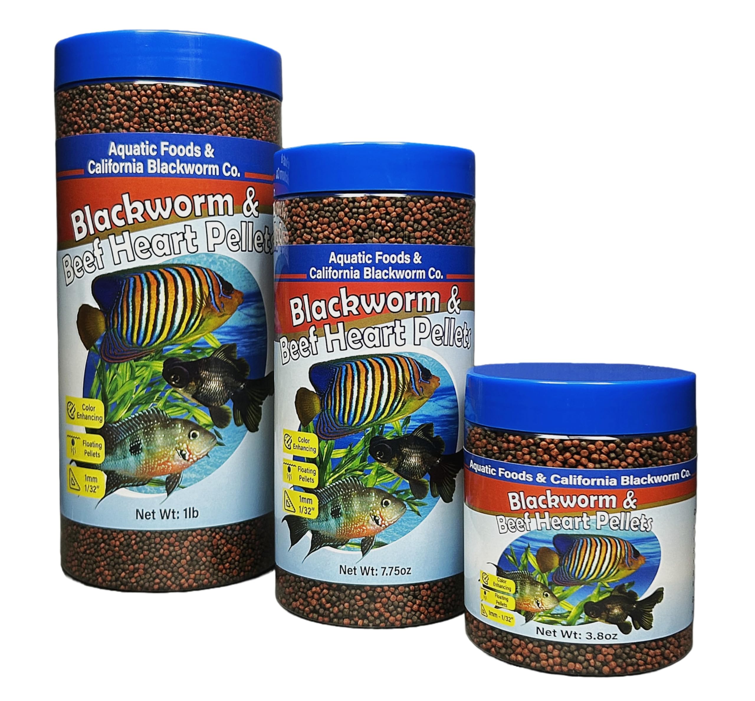 Aquatic Foods Inc. 1mm -1/32' California Blackworm & Beef Heart Floating Pellets for Marines, Cichlids, Tropical Fish, Koi & Pond Fish, 4-Type Wafer & 12-Type Pellet Mix Included...1-lb Canister