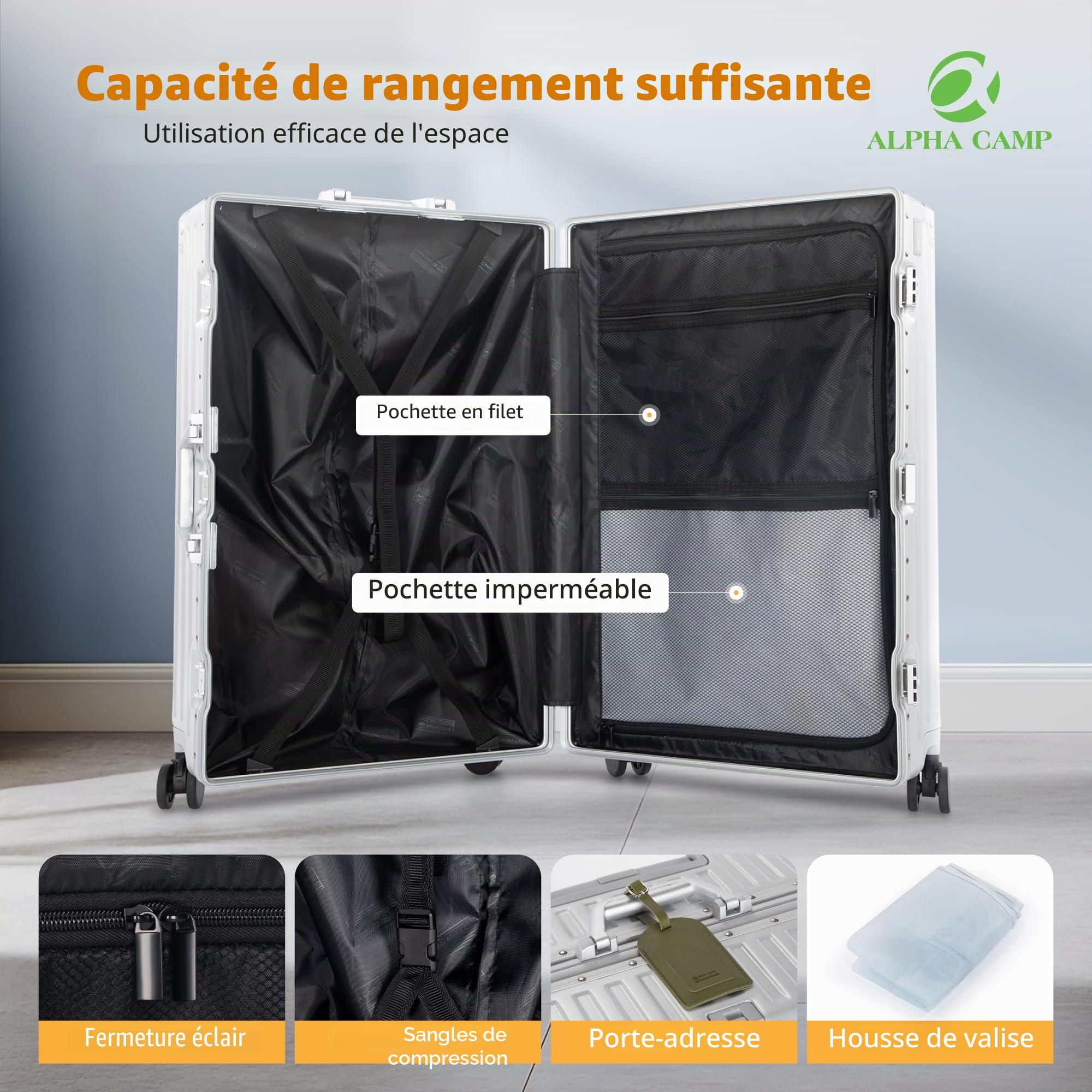 ALPHA CAMP Valise Grand Taille 44x26.5x66CM Valise avec Serrure TSA Valise Rigide à roulettes Polycarbonate et Cadre en Aluminium Valise Argenté Femme Bagage de Voyage Luggage 65L