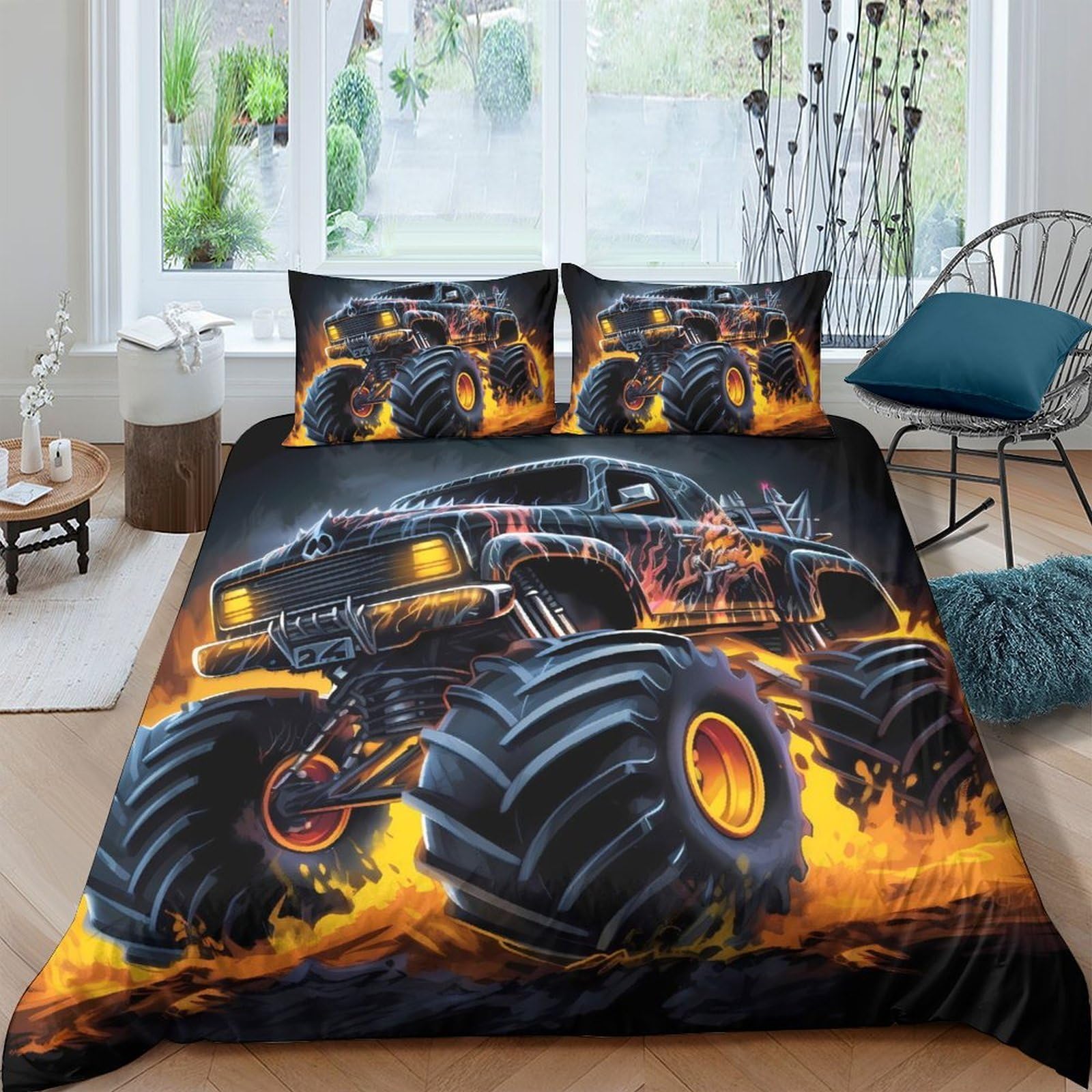 Ctjqhvkz Style-7 3D Printed Monster Truck Fitted Sheet Microfiber Black Fire Pattern Bed Cover For Bedroom Dorm Easy Care Single（135X200cm）