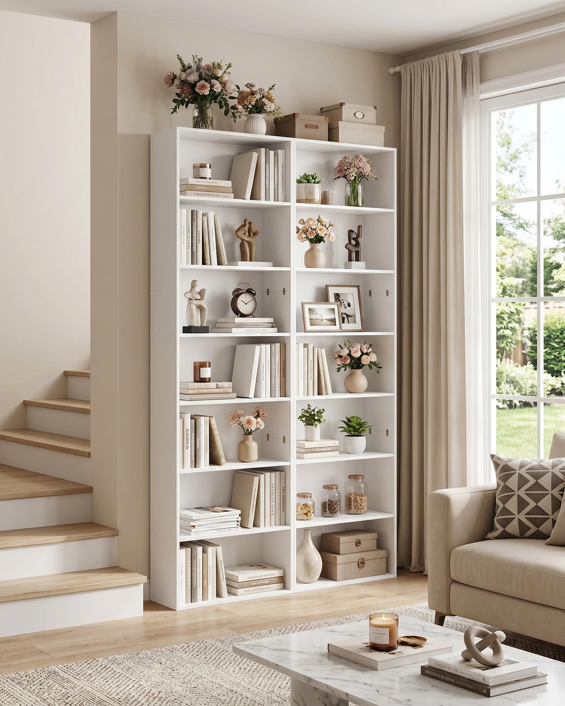 hitsuki Estantería Alta 7 Estantes Blanca Librería Estrecha con Sistema Antivuelco Almacenaje para Libros Hogar Oficina