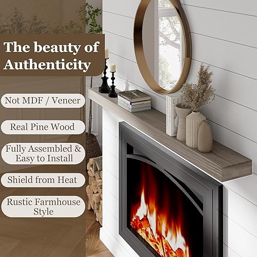 Miniatura 6 de Mantel de chimenea  Estantes flotantes de madera de 72 pulgadas de ancho  Viga hueca envejecida hecha a mano  Estantería de madera montada en la