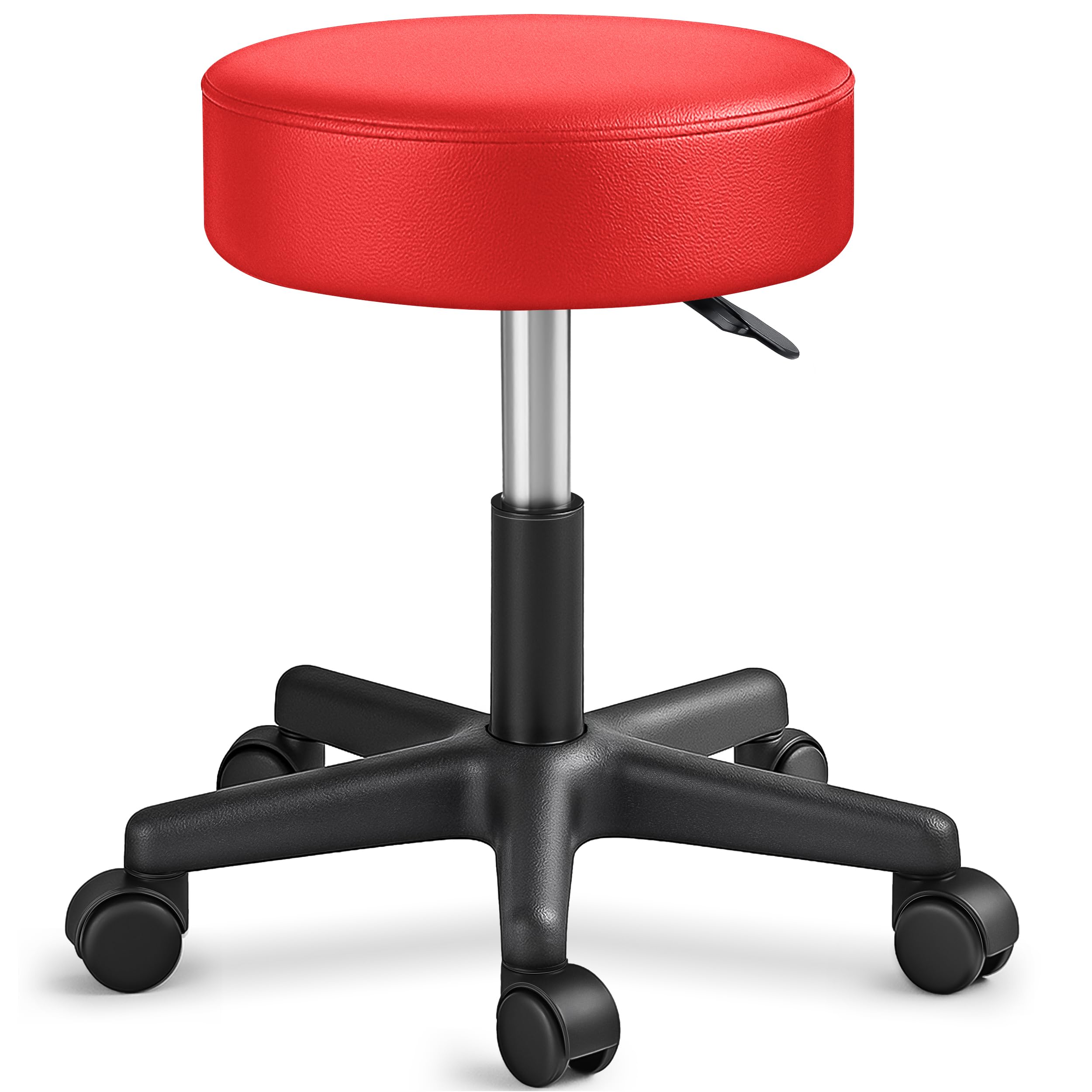 TRESKO Rollhocker höhenverstellbar Rot bis 150 kg | Hocker Drehhocker 10 cm Dicke Polsterung 47-60 cm Sitzhöhe | Arbeitshocker Bürohocker 360° drehbar mit Rollen