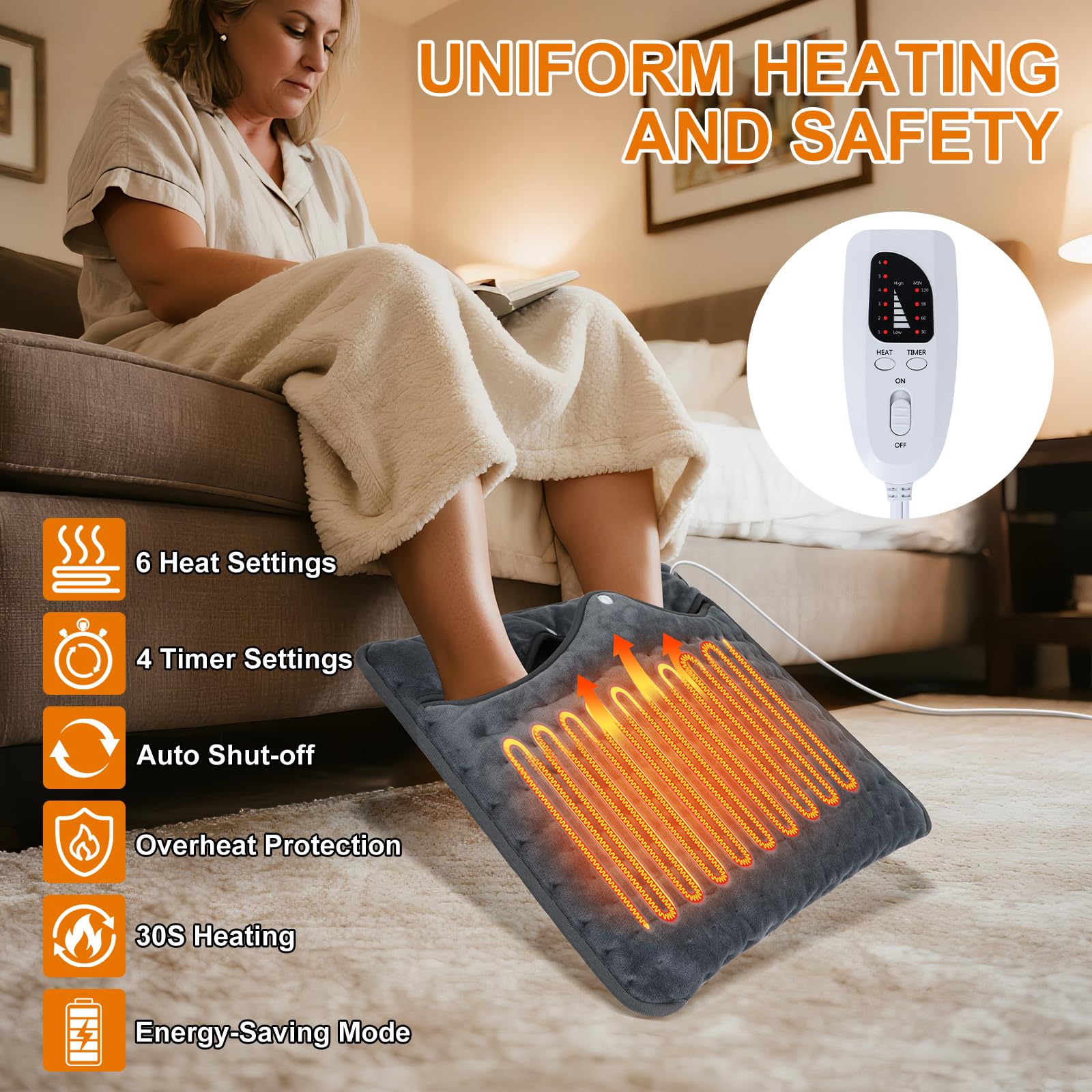 Ninonly 40X40 Scaldapiedi Elettrico Piedi con 6 Livelli di Temperatura e 4 Timer Spegnimento Automatico Cuscino Tappeto Riscaldante Piedi Lavabile Tessuto Morbido per Donne Uomini