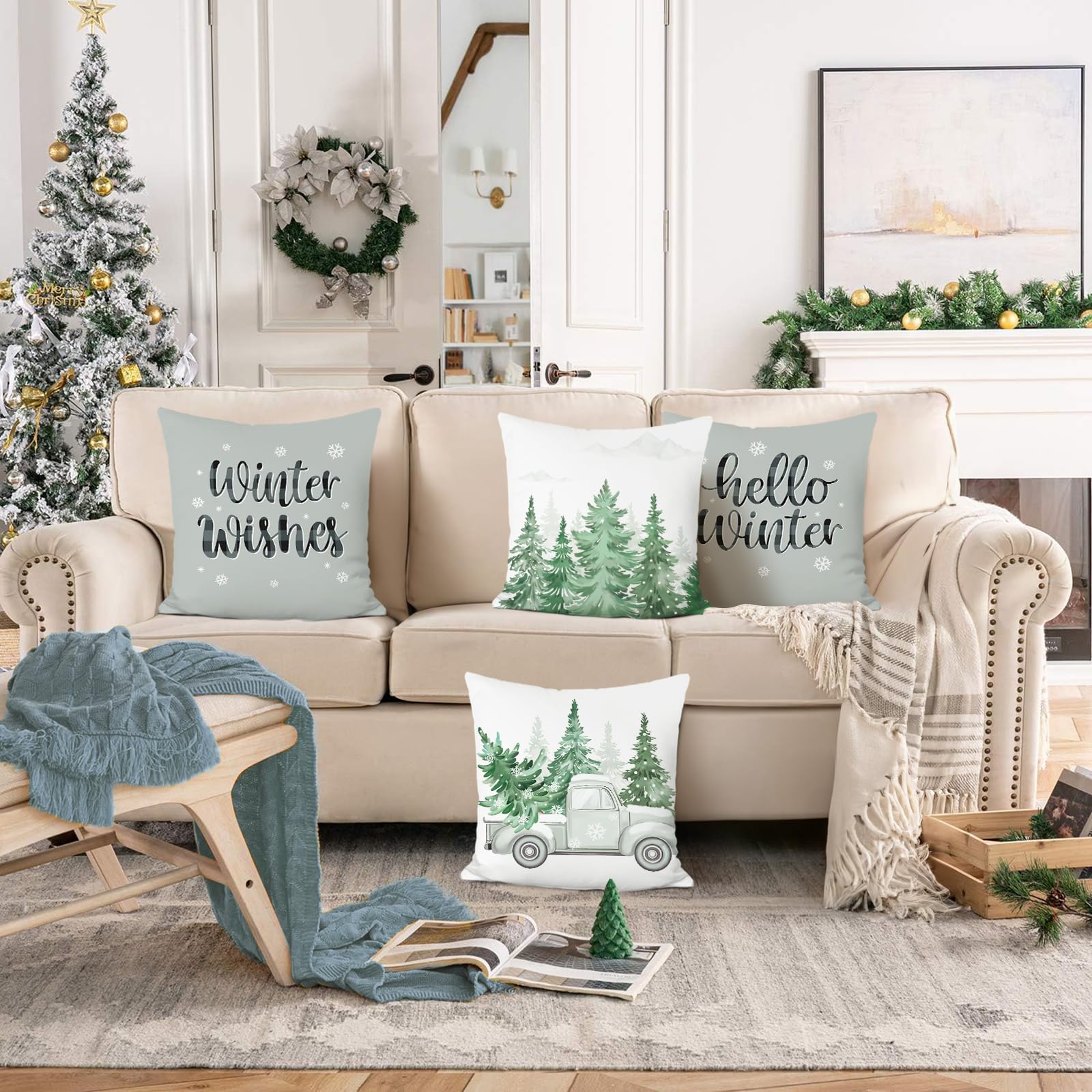 Set di 2 federe per cuscino con albero verde acqua scuro acquerello 45 x 45 cm, rustico, natura, foresta, cuscini decorativi invernali, Natale, esterni, federa per cuscino in lino per divano letto