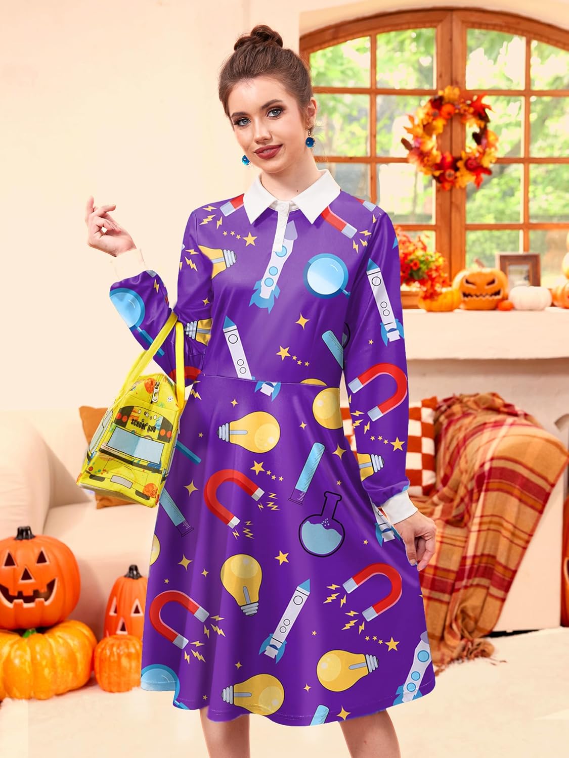 3 Pcs Women Halloween Costume Sets Peter Pan Collar Ms. Frrizle Cosplay Dress with Earrings Purple XL - Image 3