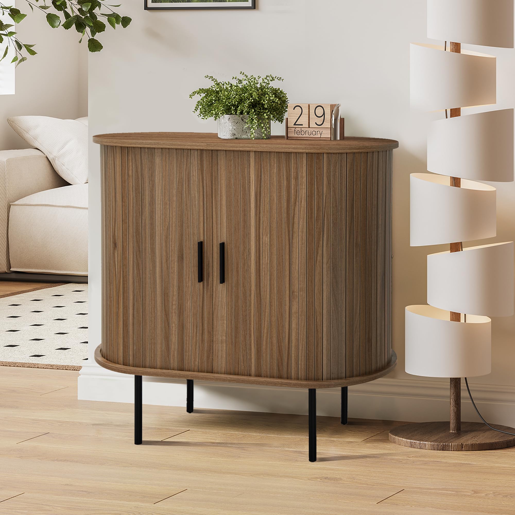 FurSch Fluted Buffet Sideboard Cabinet with Sliding Tambour Doors,Accent Oval Curved Storage Cabinet,31.5" Mid Century Modern Small Sideboard for