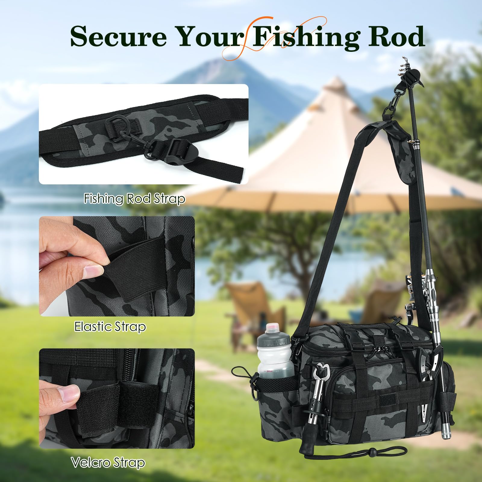 Angeltasche, Tarnung Fishing Angeltasche mit Gürtel, Schultergurt, Rutengurt, Tragegriffe Mehrere Taschen Karpfentasche angelrucksack Tackle-Box-Tasche Outdoor für Meer Angeln Süßwasser