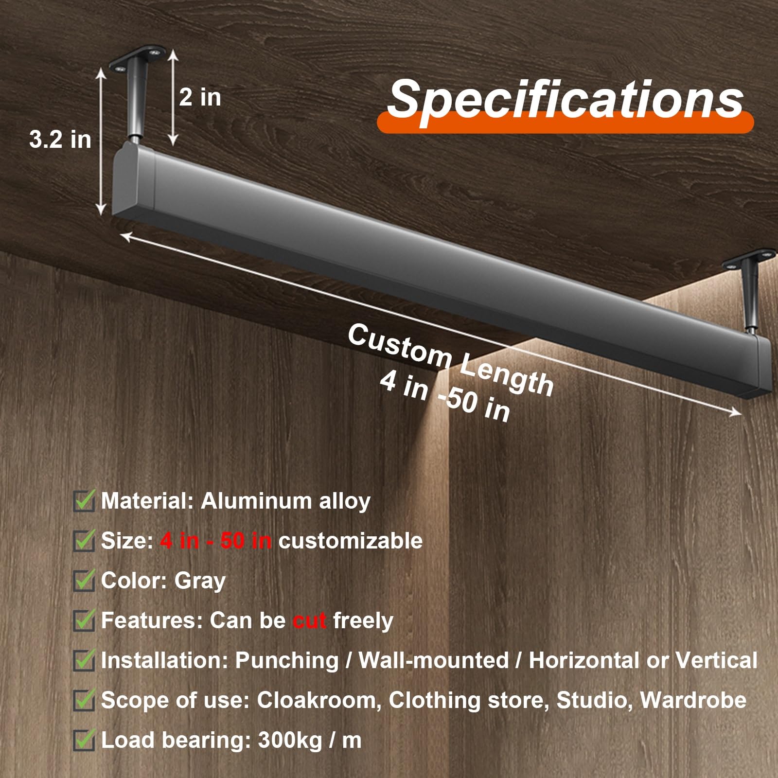 Custom Length Closet Rods for Hanging Clothes Heavy Duty, Commercial Home Aluminum Alloy Garment Bar with End Supports, Cuttable Grey Wardrobe Pole(17.5 in)