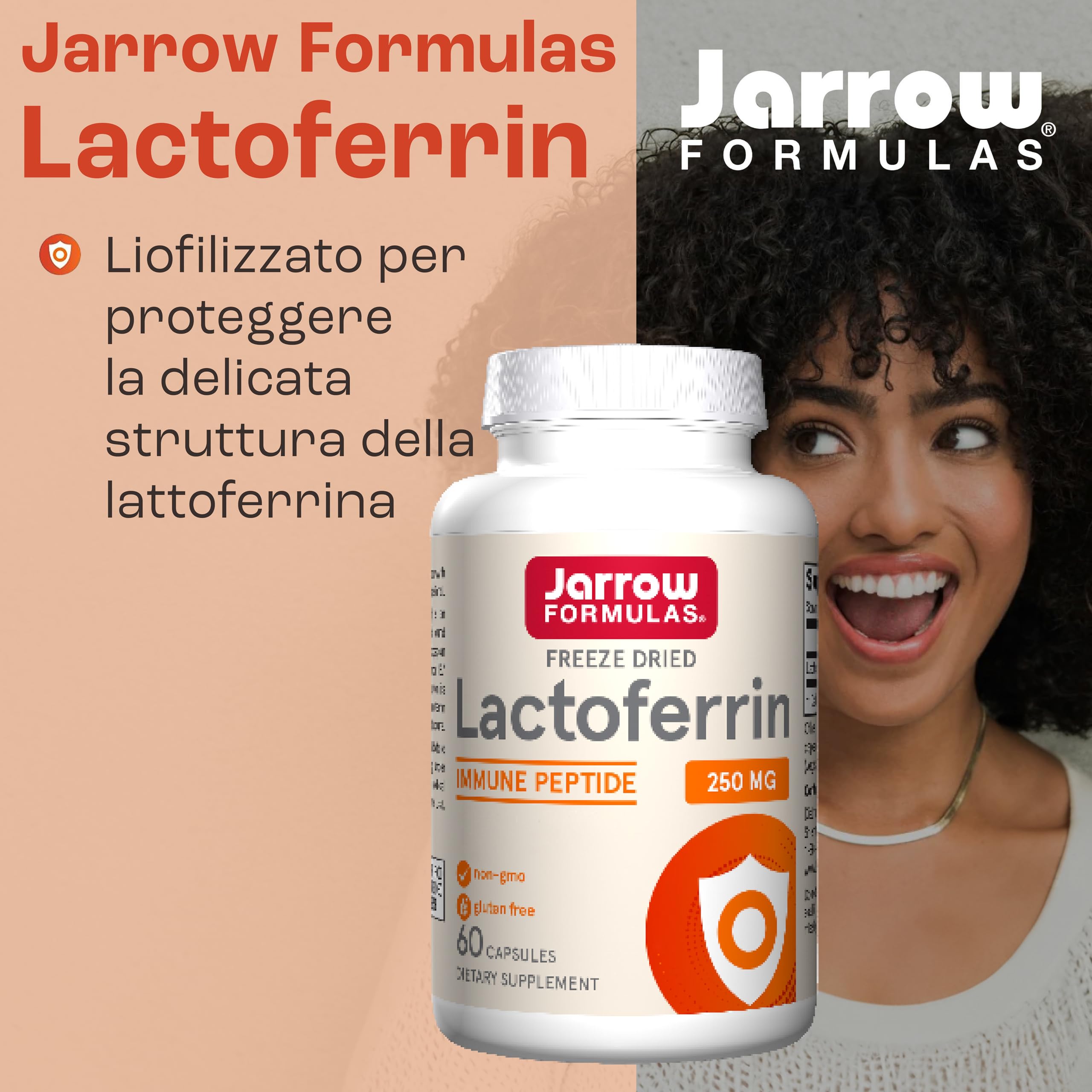 Jarrow Formulas, Lactoferrin (Apolactoferrina), 250mg, 60 Capsule, Testato in Laboratorio, Senza Soia, Senza Glutine, Non OGM