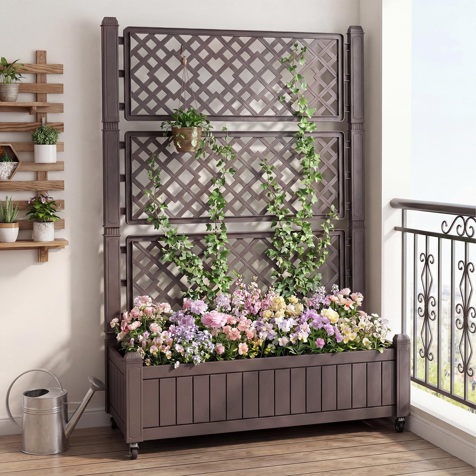 COSTWAY Jardinera Elevada con Enrejado, Cama de Jardín Elevada con Ruedas, Tapón y Medidor para Verduras y Plantas Trepadoras, Macetero Grande de PP para Exterior Jardín y Balcón, 108 x 45 x 155 cm