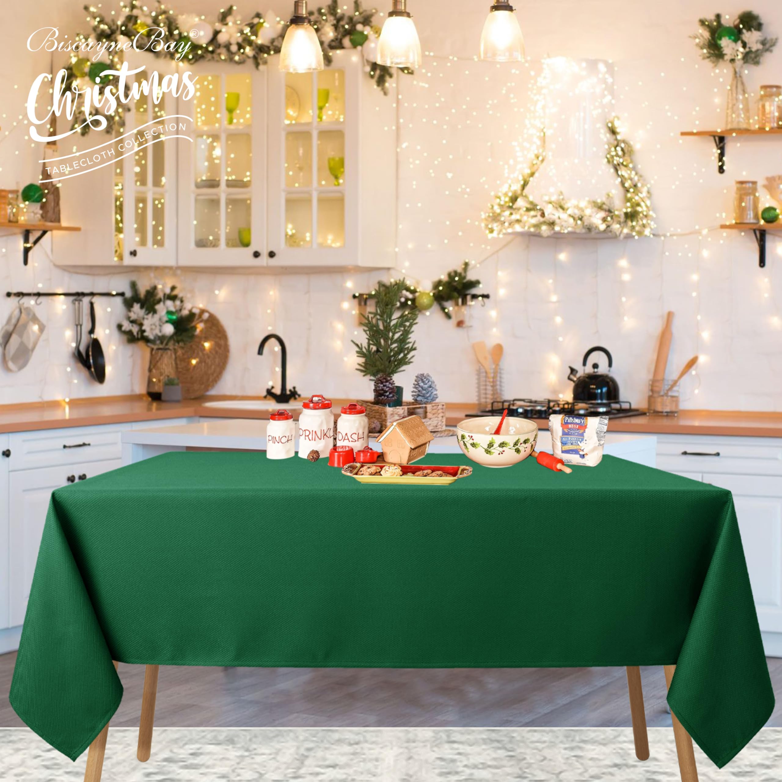 Biscaynebay Nappe Rectangulaire En Tissu Texturé, 152,4 X 213,4 Cm, Résistante à L'eau Et Aux Déversements, Pour Salle à Manger, Cuisine, Mariages Et Fêtes, Etc. Lavable En Machine Vert Chasseur