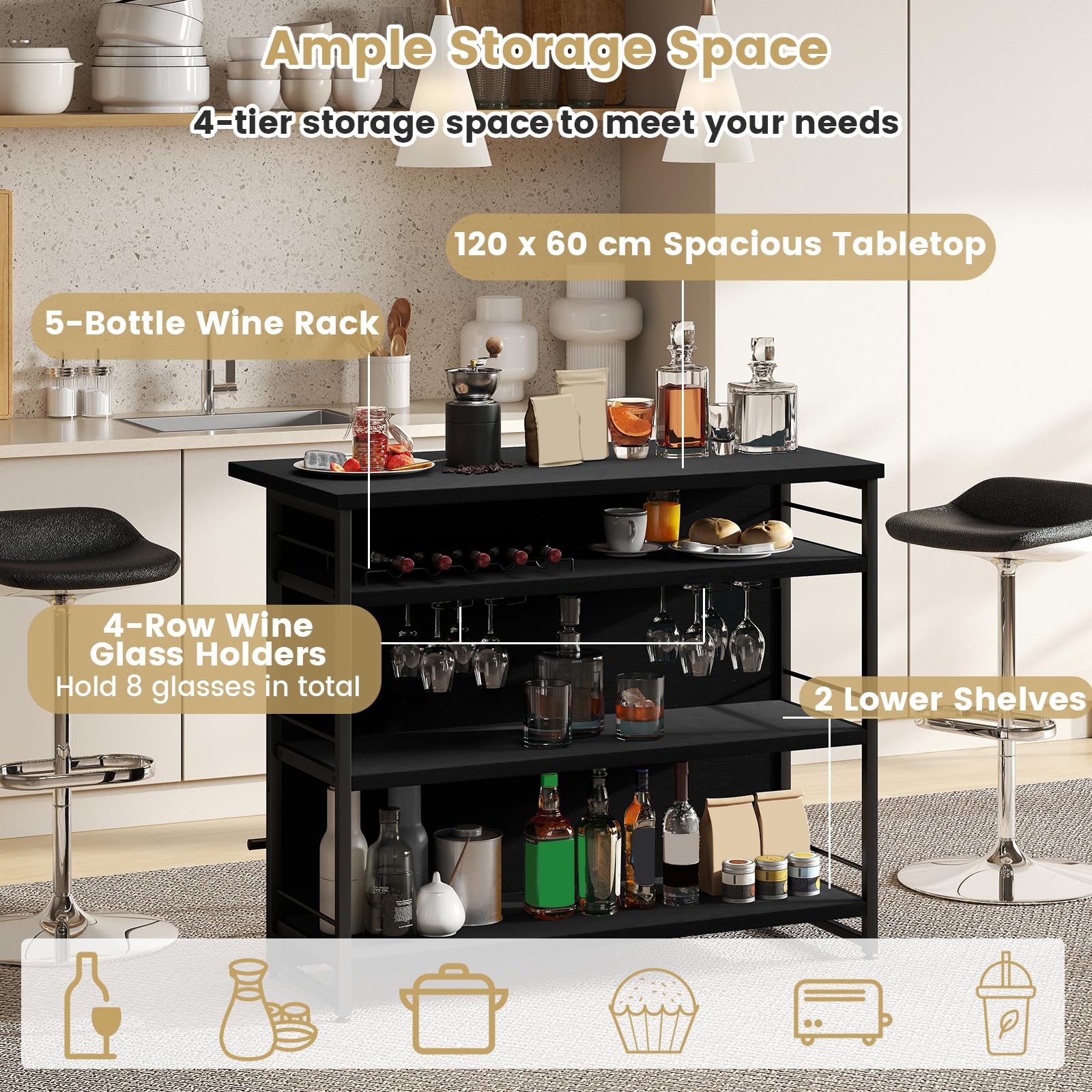 GIANTEX Central Cucina con Piano di Lavoro, Tavolo da Bar a 4 Livelli con Porta Bottiglie, Porta Bicchieri, Porta Vino e Supporti per Bicchieri da Piedi, 60 x 120 x 101 cm