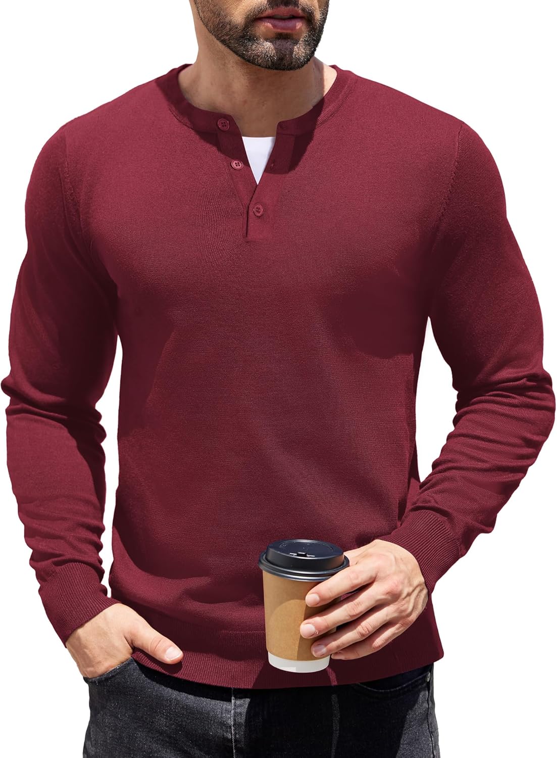 Maglione Uomo COOFANDY Henley - Collo Alto, Bottoni, Tinta Unita, Caldo E Morbido - Foto 4