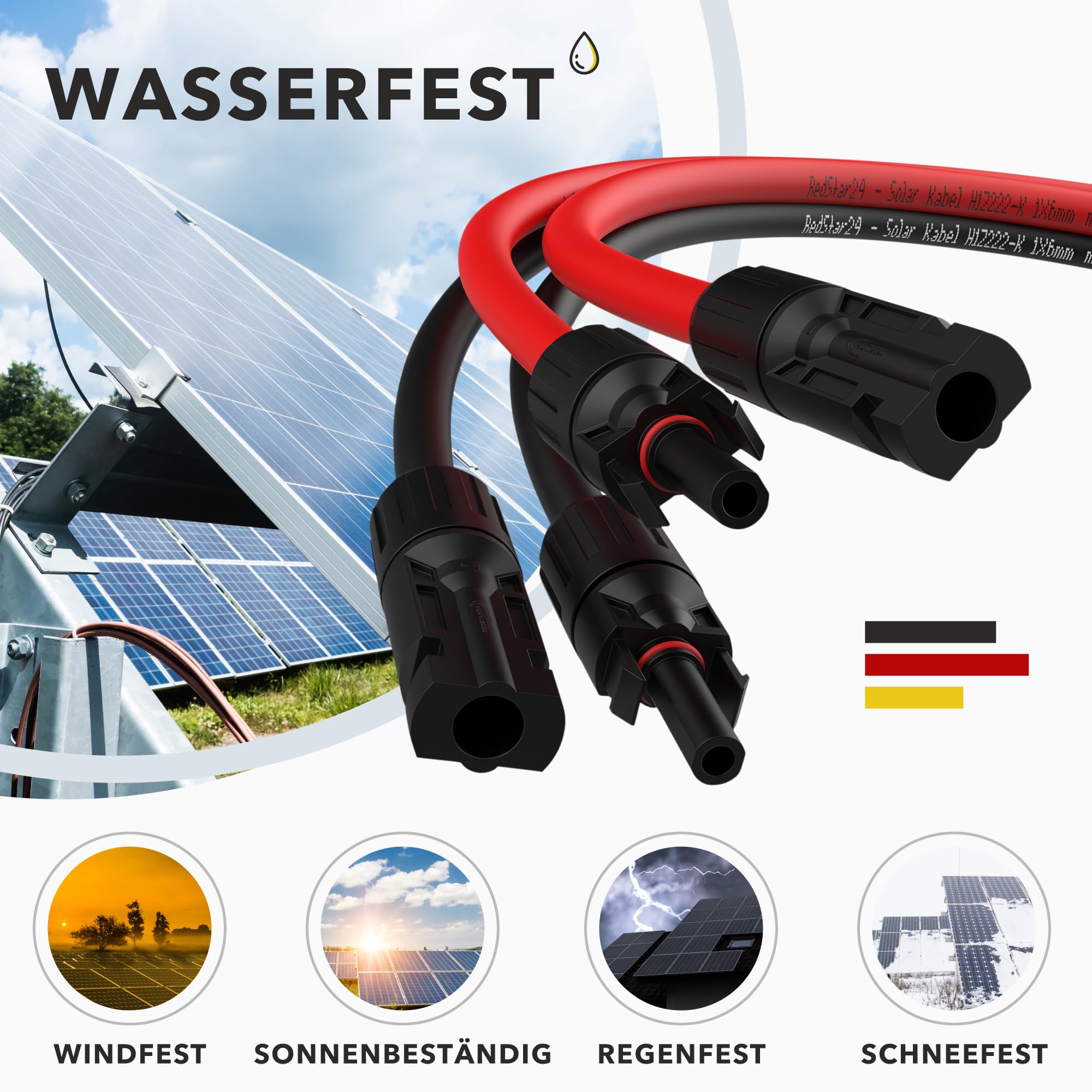 RedStar24 Cable Solar 4mm² 6mm² IP68 Extensión Fotovoltaico Resistente UV 2m