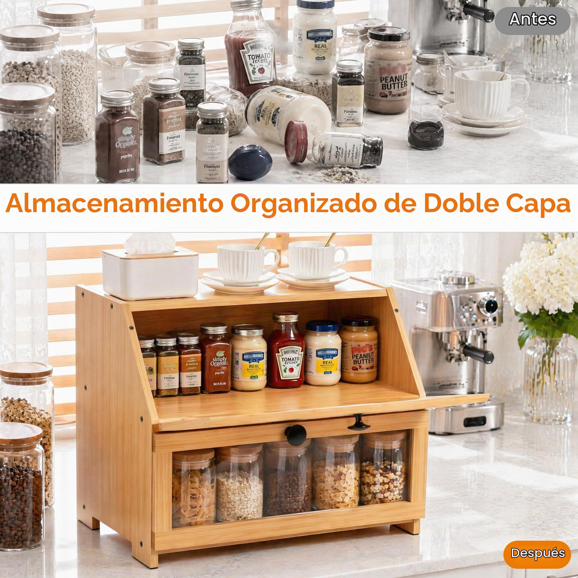 RayLove Panera de madera, panera de doble capa, gran contenedor de almacenamiento de pan para mostrador de cocina, esquina, armario, despensa, armario (Automontaje) (Color Primario)