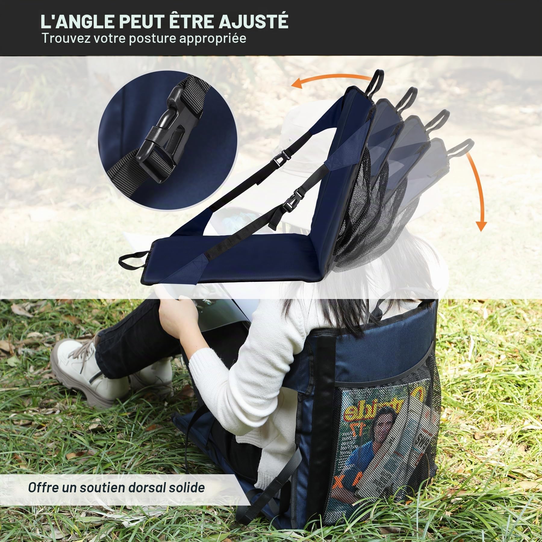 REDCAMP Coussin de siège portable pour blanchiment avec support dorsal, léger et pliable pour le jardin, le terrain, les sports de plein air, bleu marine