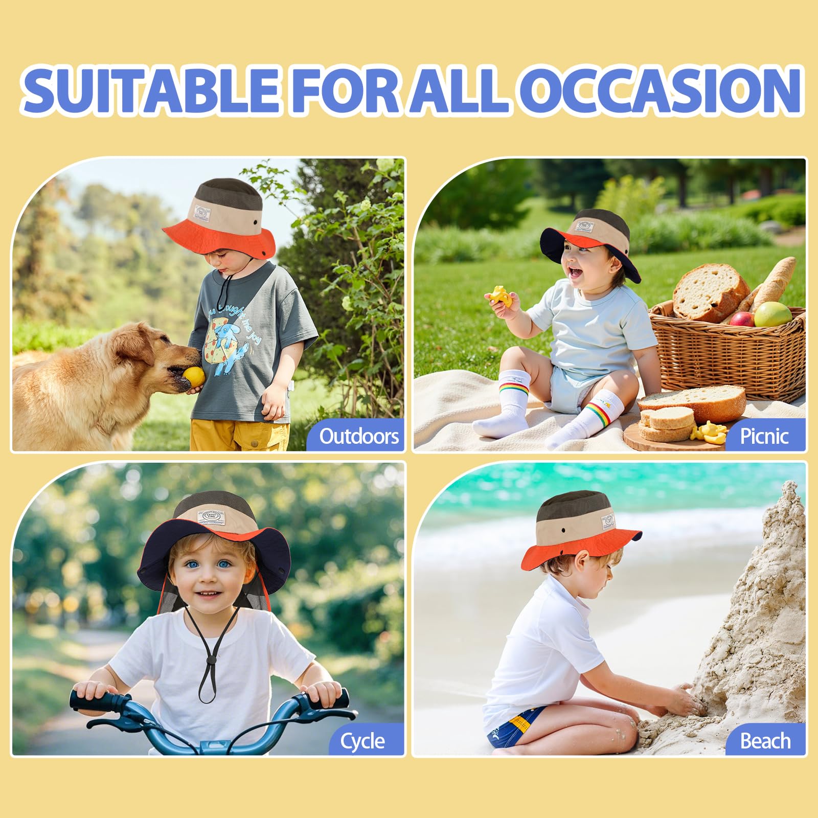 TAGVO Chapeau de Soleil pour Enfants, Protection UV avec Jugulaire, Casquette à Bavolet Détachable, à Large Bords pour Enfants de 2 à 6 Ans