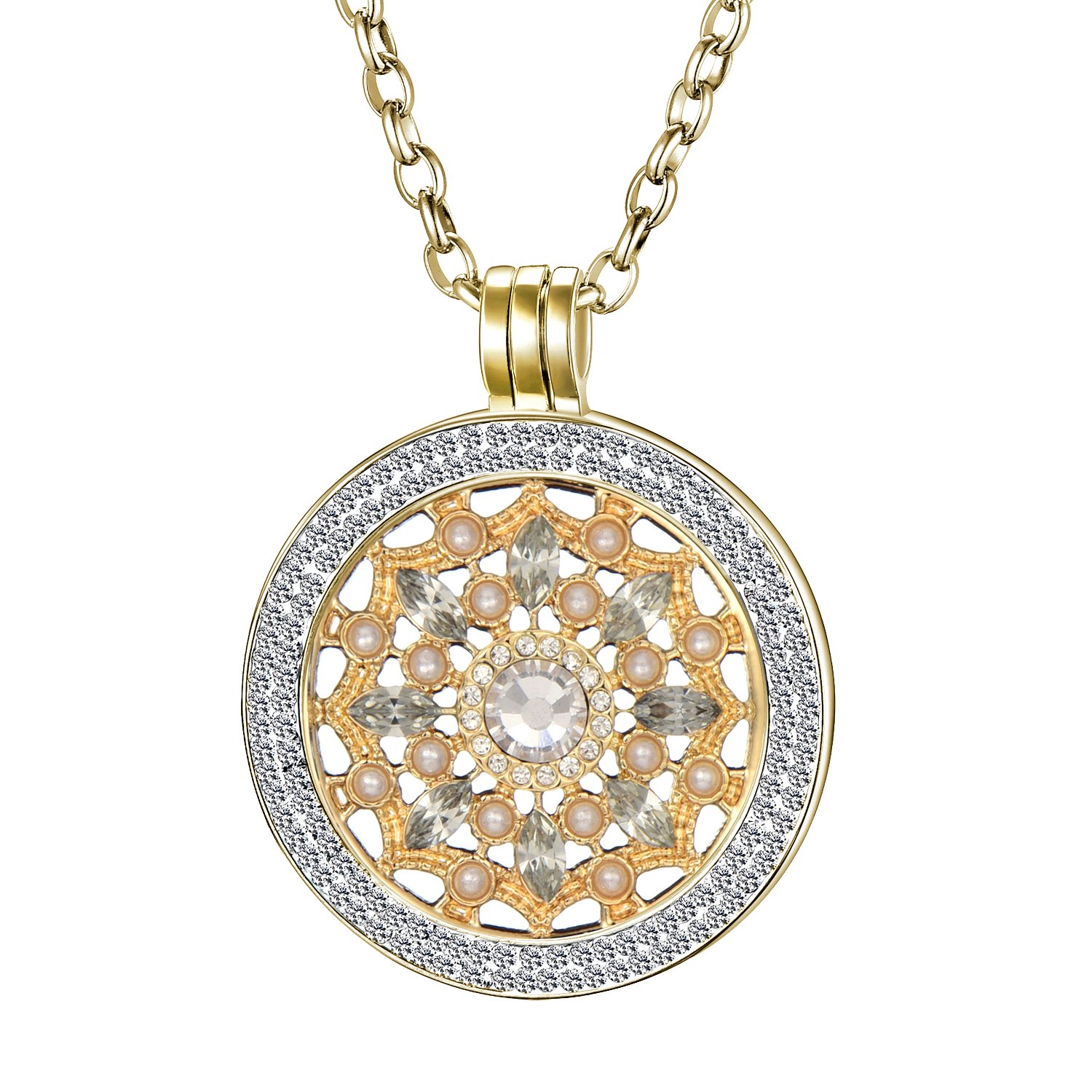 Morella Damen Halskette Gold 70 cm Edelstahl und Zirkonia Anhänger mit Coin 33 mm im Schmuckbeutel