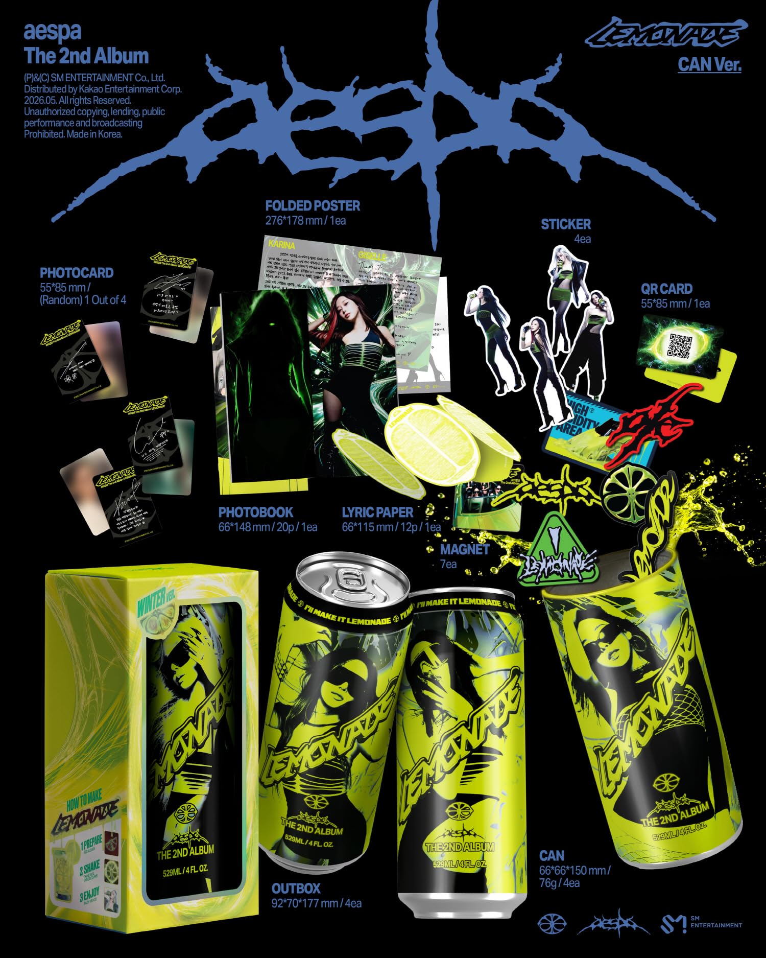 aespa LEMONADE 2. album CAN 4 wersje zestaw (Karina+Winter+Giselle+NingNing) skrzynka nadawcza + PhotoBook + Lyric Paper+Qrcard+naklejka + magnes + karta fotograficzna + śledzenie