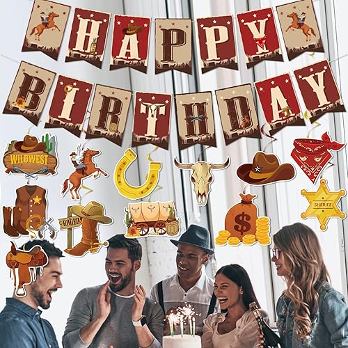 Miniatura 6 de Decoraciones de fiesta de cumpleaños de vaquero, 29 piezas de remolinos colgantes occidentales, decoraciones de fiesta de cumpleaños, remolinos