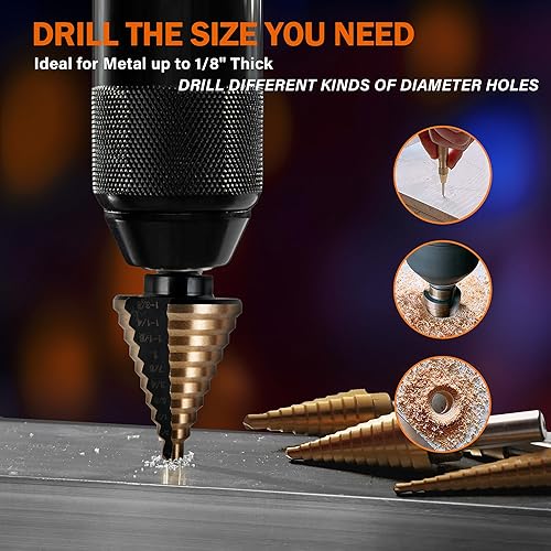 Miniatura 4 de KENDO 5 brocas escalonadas con punzón central automático, negro y dorado, juego de brocas de acero de alta velocidad, 50 tamaños, brocas de titanio