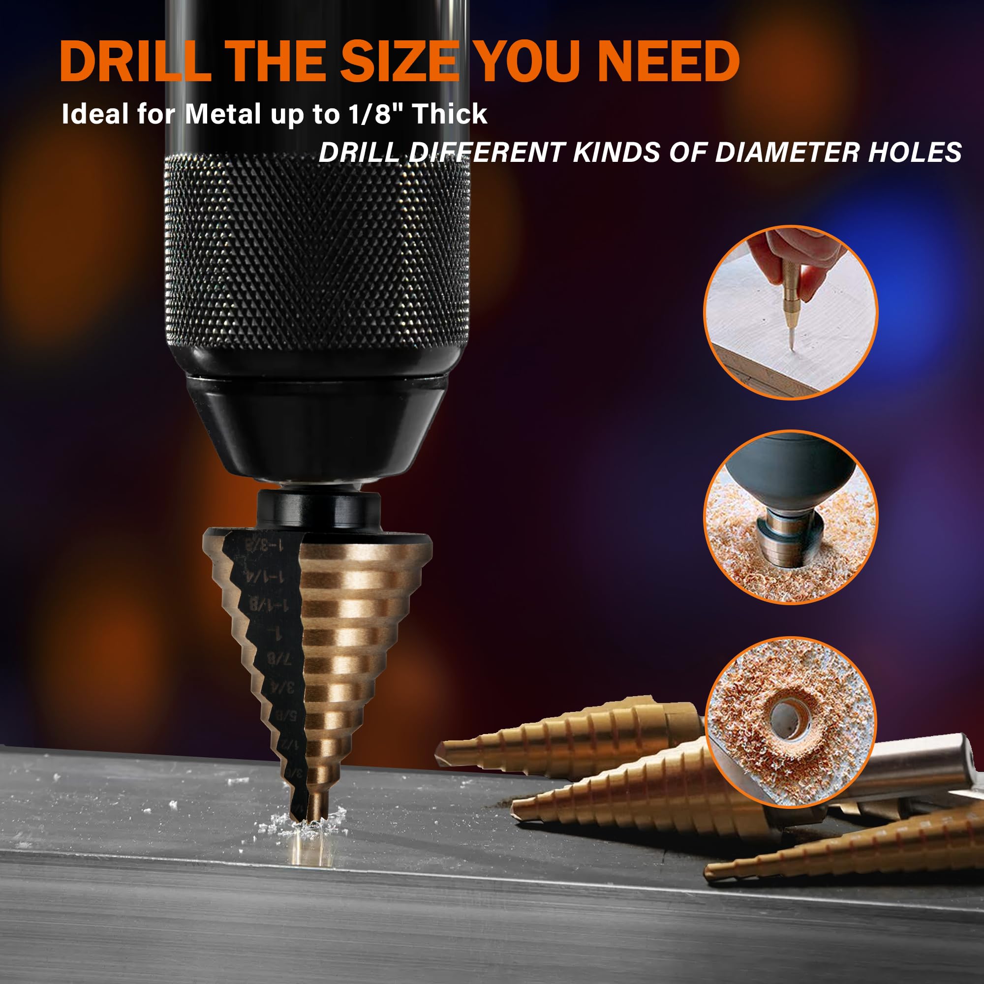 KENDO 5PCS Step Drill Bits Set With Titanium Coating | High-Speed Steel