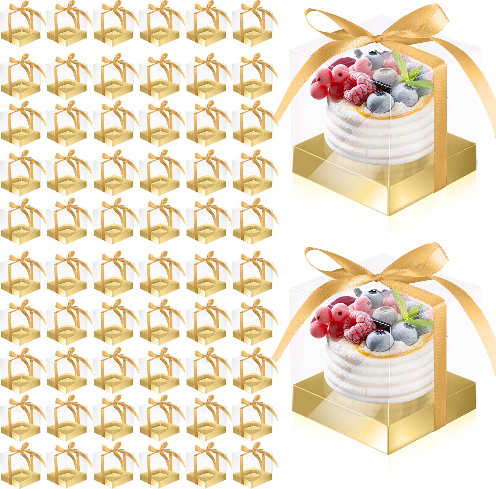 Gerrii 100 Pcs Clear Plastic Individual Cupcake Boxes 3.5" Single Cupcake Containers Transparent Ornament Gift Box Clear Party Favor Boxes with Inserts and Ribbon for Wedding Baby Shower Party(Gold)