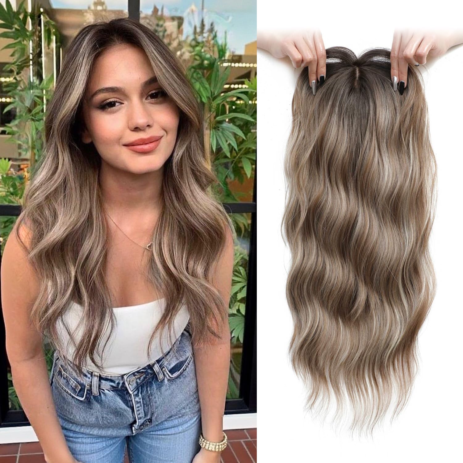 20in Wavy Hair Toppers for Women with Thinning Hair - Ombre Highlight Synthetic Wig Clip In Hair Topper Wiglets with Fringe Bang Add Hair Volume