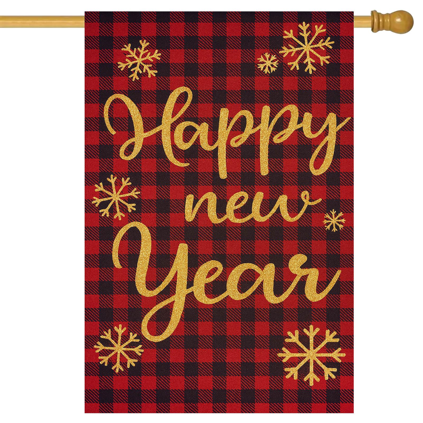 Drapeau de jardin Happy New Year pour egayer une decoration exterieur hiver terne rouge noir