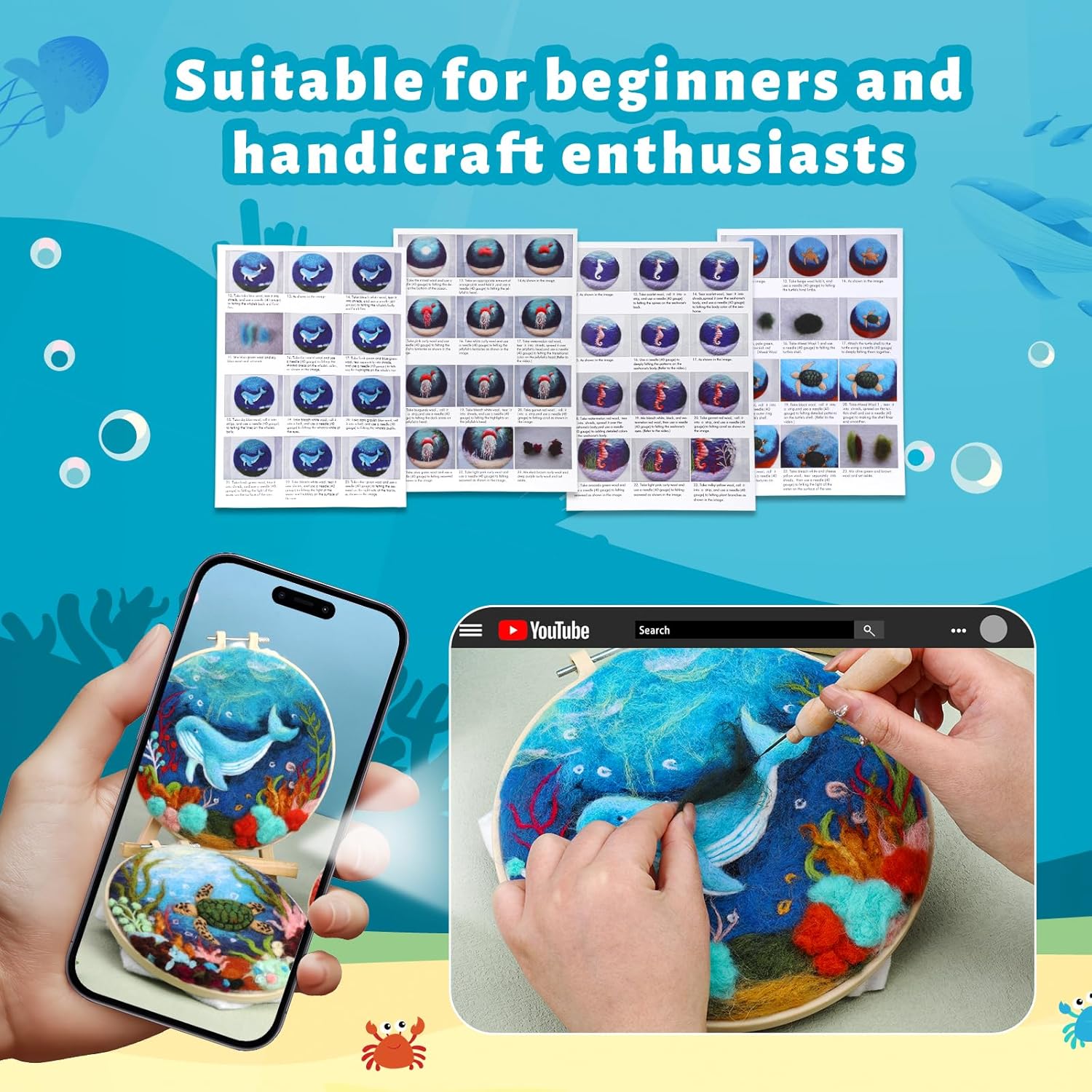 Fedmut Needle Felting Kit, Wool Felting Kit for Beginners Adult with Wool, Needles, Foam Pad, Felt Cloth and Instructions – 4 Set Sea Animals Painting Frame for Great Gift Decoration