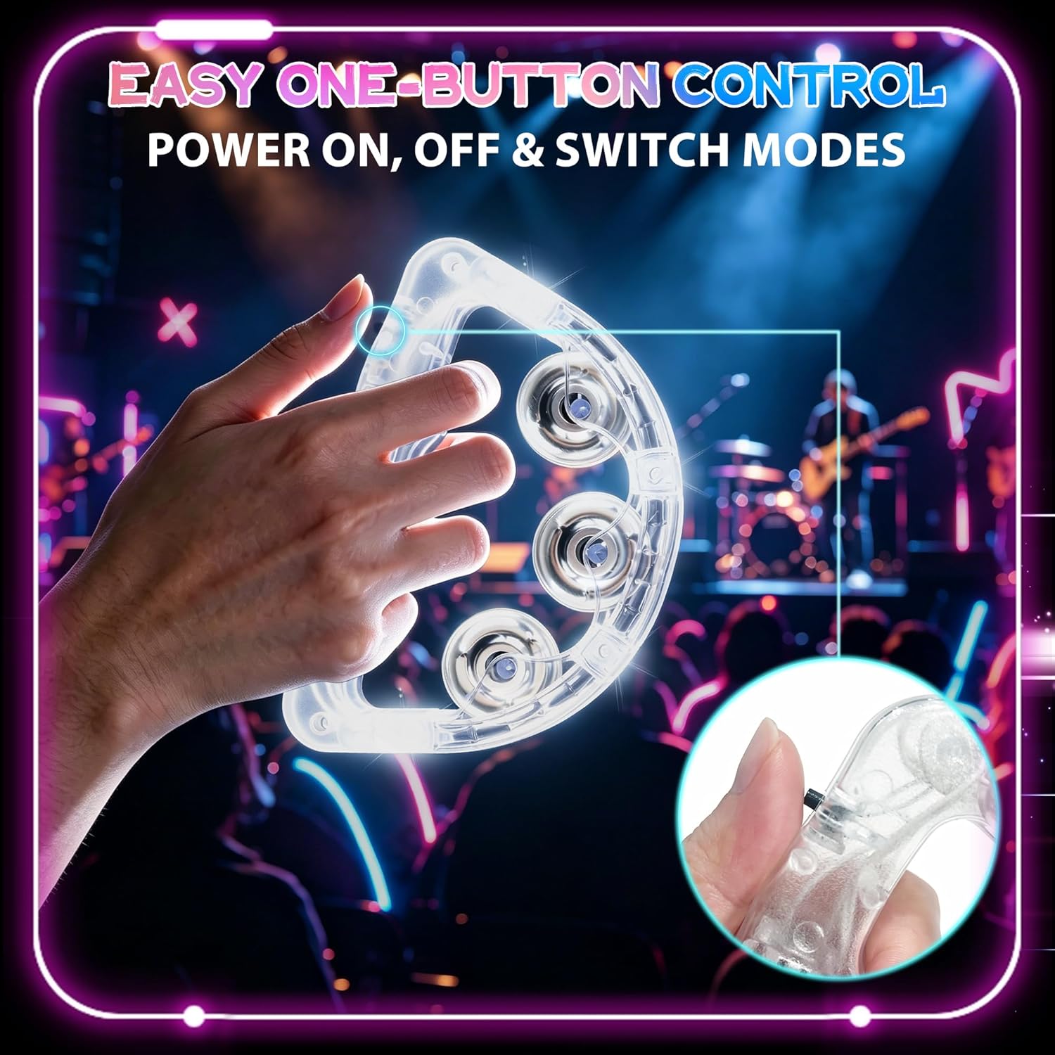 12 Pack LED Light Up Tambourines for Adults, White LED Flashing Handheld Tambourine with 3 Lighting Modes Percussion Instrument Glow in The Dark Party Supplies for Weddings Night Events