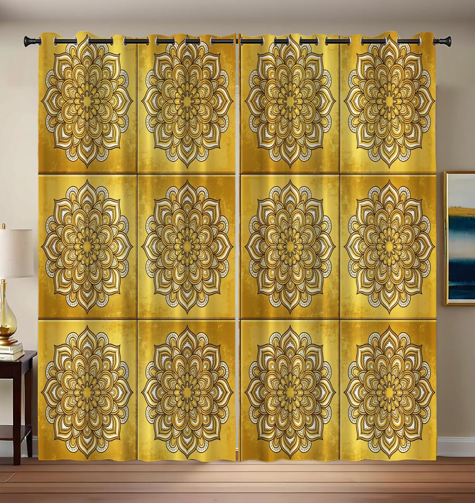 Rideau Occultant Obscurcissant, Mandala Rectangle Géométrie De Luxe 2 Panneaux À Oeillets, Anti Froid Chaleur Bruit, Décoration Salon Chambre