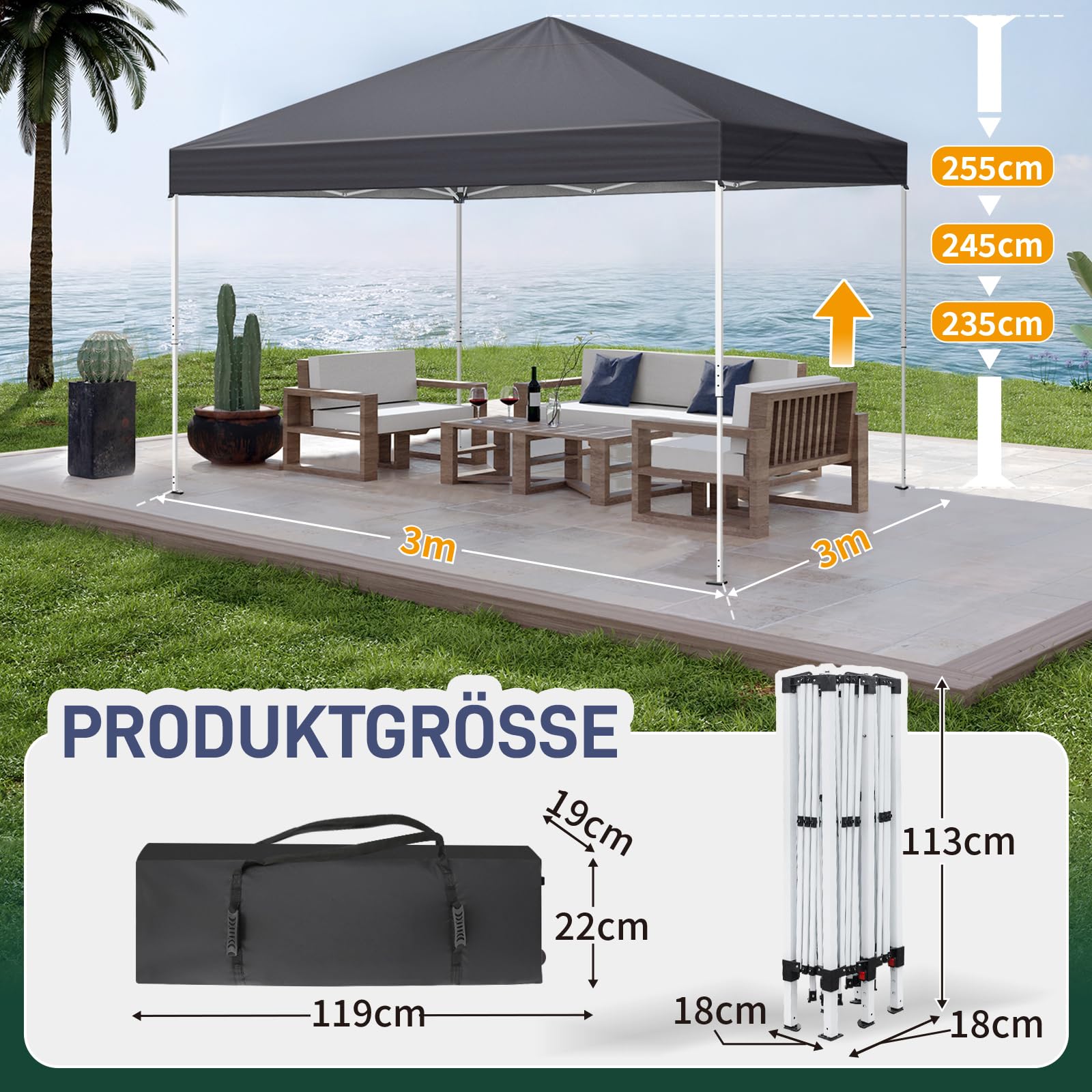 LEADZM Pavillon 3x3m Faltpavillon mit 4 Moskitonetzen – Höhenverstellbar, Wasserdicht & UV-Schutz 50+, Stabiler,für Garten, Terrasse, Camping & Gewerbliche Nutzung,Anthrazit