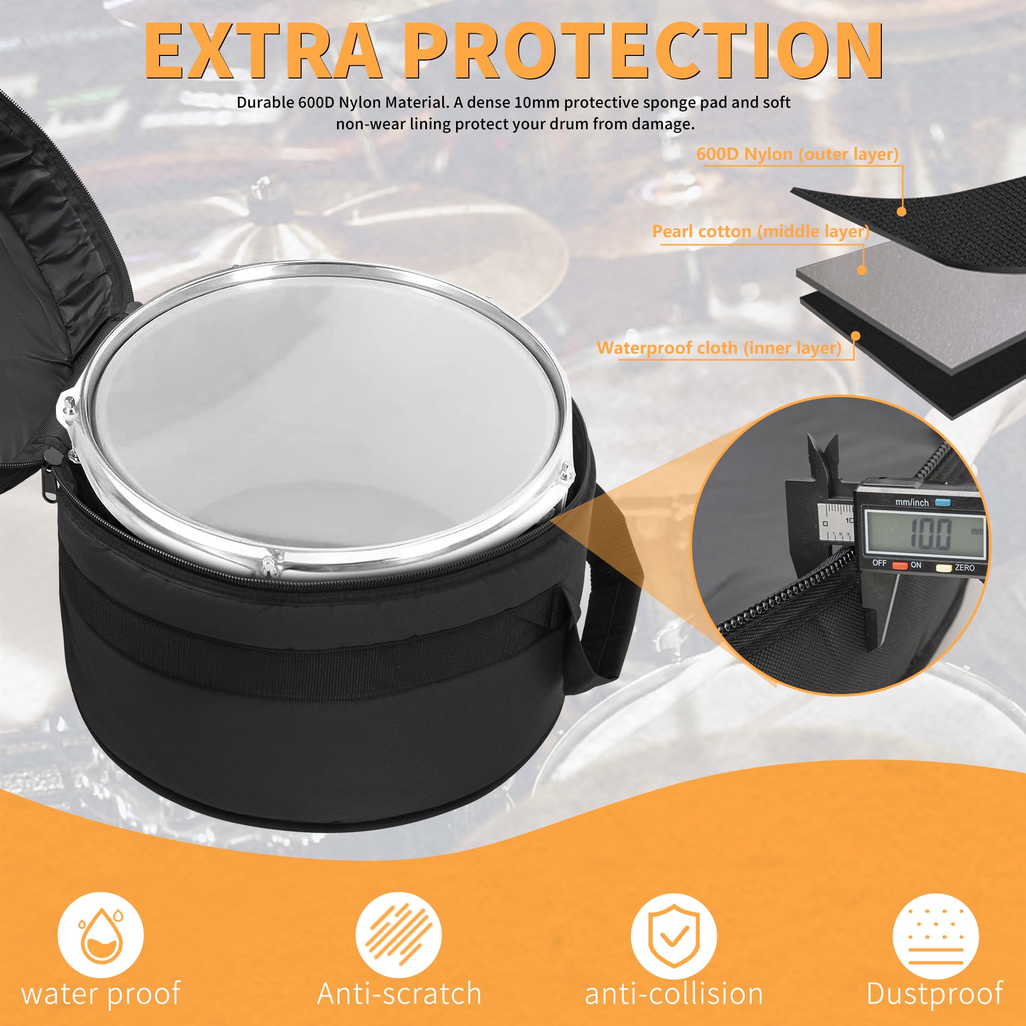 OUUTMEE Tom Drum Tasche für Tom 35,6 x 30,5 cm, 10 mm dick gepolsterte Reise-Trommeltasche