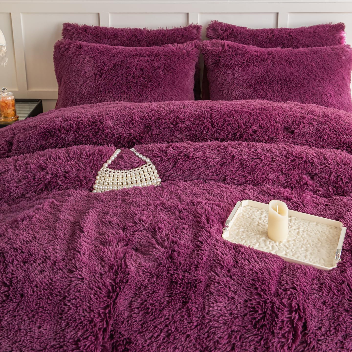 Kids Girls Faux Fur Grape Purple Comforter Sets Twin/Full - 3PC Bed Set Skin Friendly Soft Warm Comfortable Classical Rabbit Plush Velvet Flannel Fluffy Fuzzy Bedding（Comforter x 1 Pillowcases x 2）
