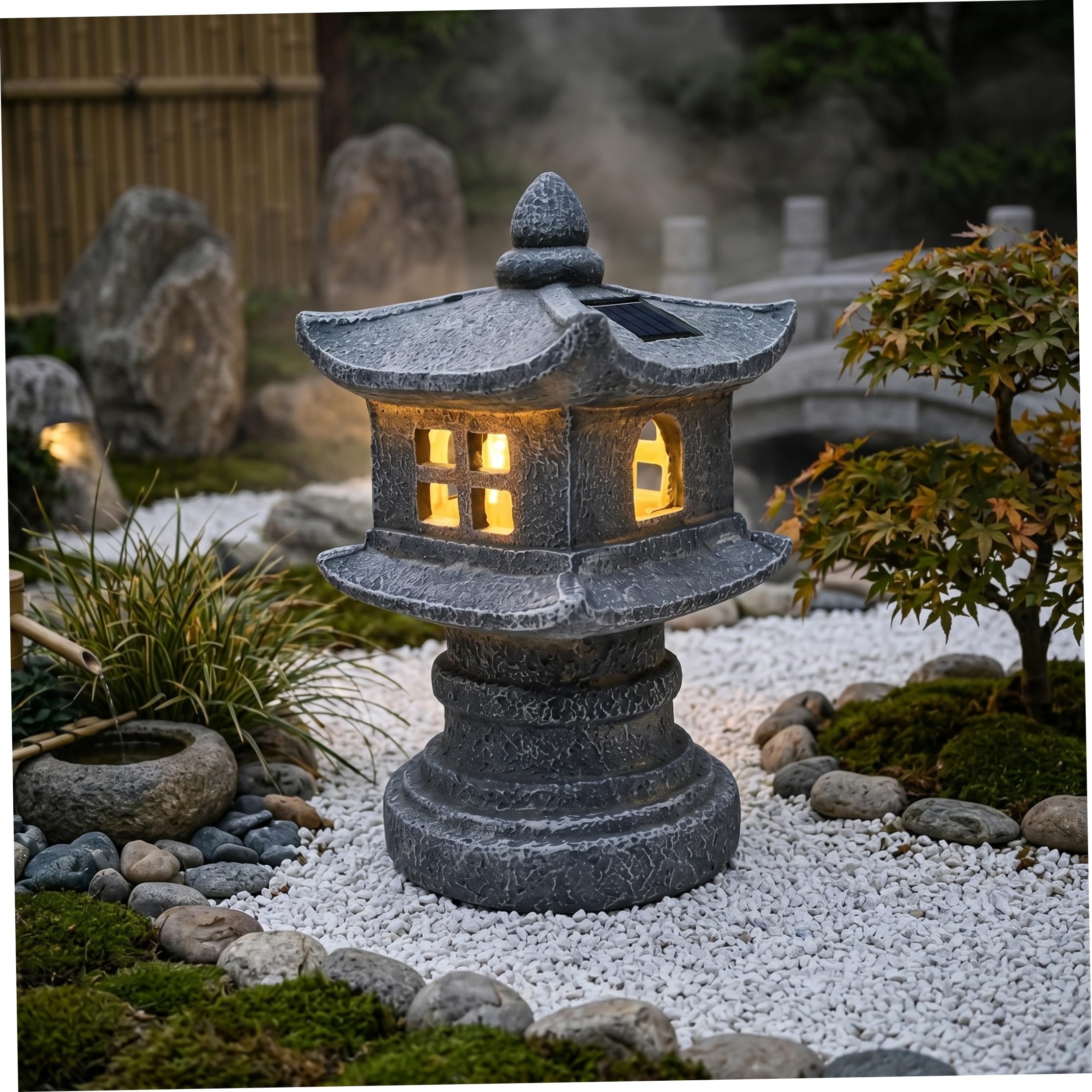 Statua da giardino con pagoda grigia solare, lanterna ad energia solare per l'arredamento del patio, ornamento del giardino Zen, luce notturna per esterni