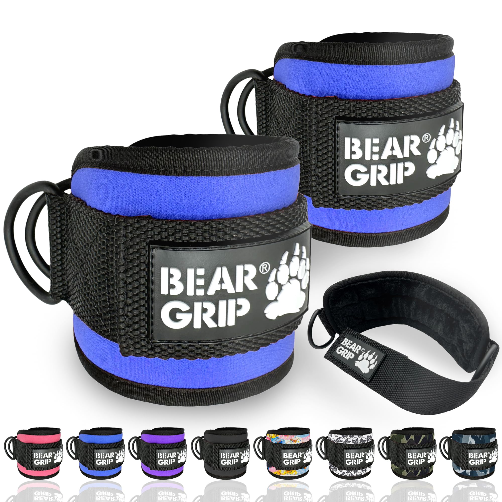 BEAR GRIP - Ankle Straps for Cables with New Fleece Design, Strong Closure, Double Stainless Steel D-Ring, Adjustable Neoprene - For Men & Women