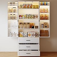 FJTJBSI 72" Farmhouse Kitchen Pantry Cabinet with LED Lights, Barn Doors, 3 Drawers & Adjustable Shelves - Tall Freestanding Storage
